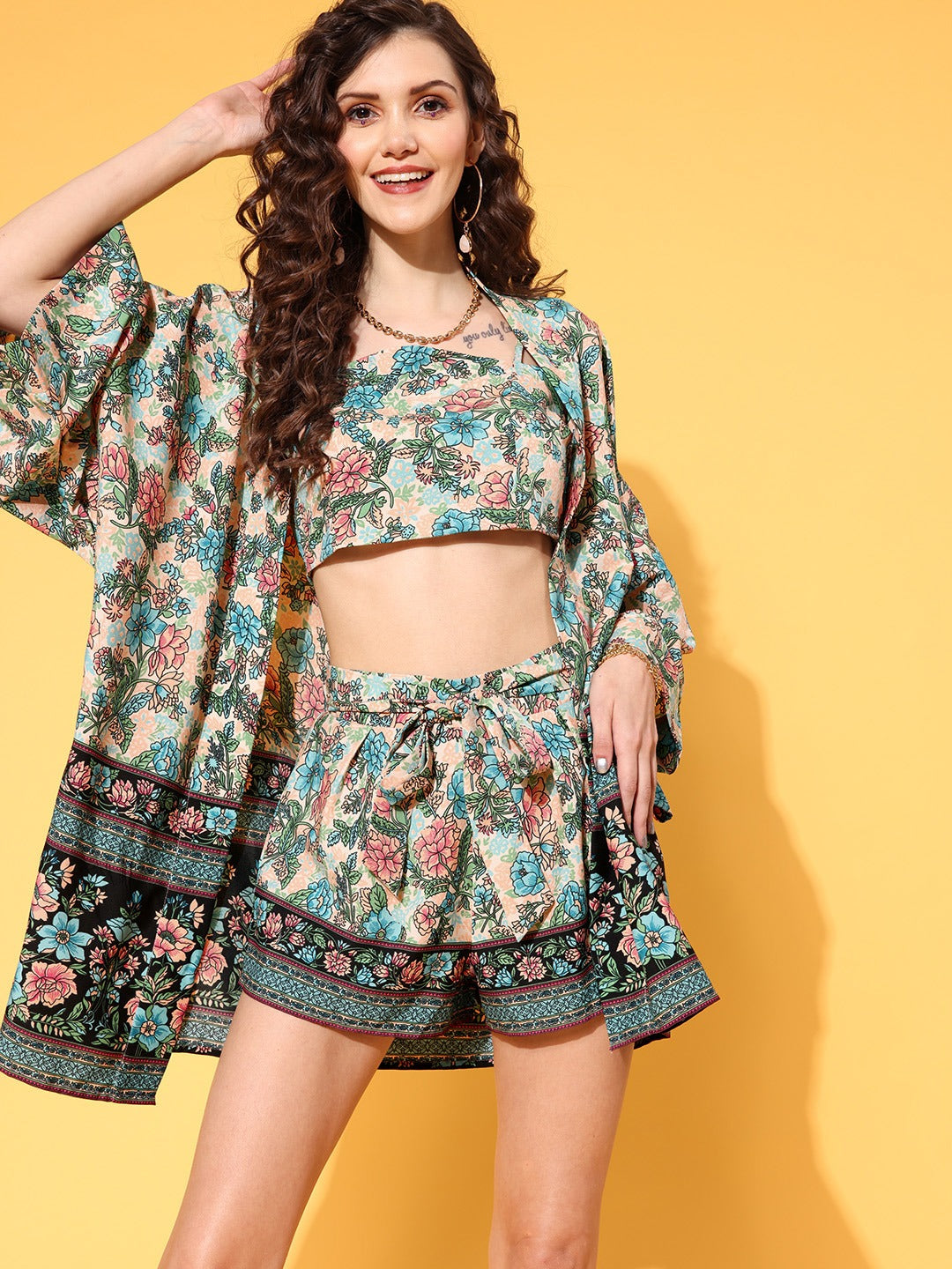 Floral Printed Crop Top & Tie-Up Front Shorts With Kimono