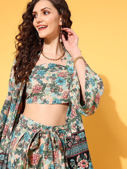 Floral Printed Crop Top & Tie-Up Front Shorts With Kimono