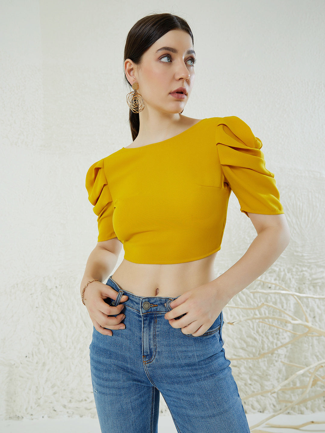 Women Puff Sleeves Styled Back Crop Top